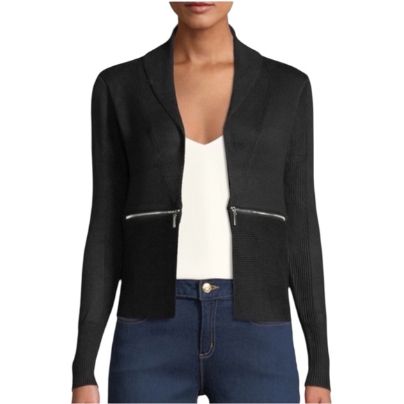 Carmen Marc Valvo Sweaters - CARMEN MARC VALVO Open Front Cardigan with Zipper Details in Black Size MEDIUM